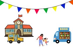 schoolhouse, book bus, parent and student walking
